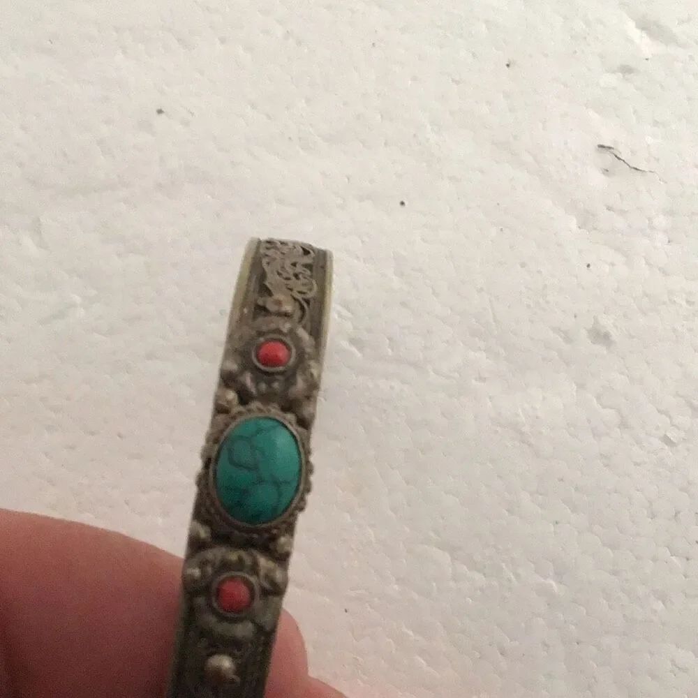 Vintage, brass, turquoise, and red coral bracelet
